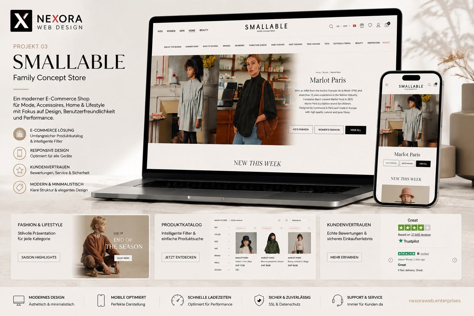 Projektpräsentation Smallable — Fashion- und Lifestyle-Onlineshop auf Laptop und Smartphone mit Markenseite, Produktkatalog und Filtern