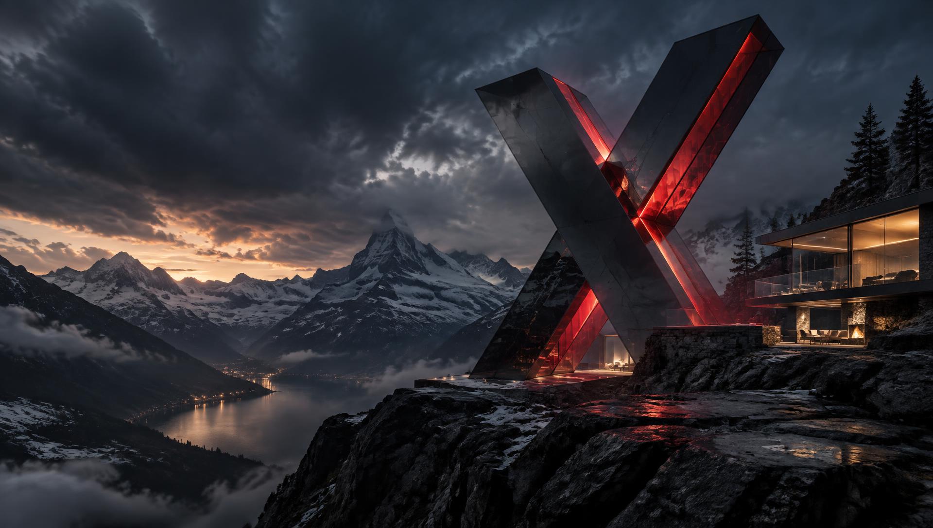 Nexora X Skulptur in einer nächtlichen Schweizer Alpenlandschaft
