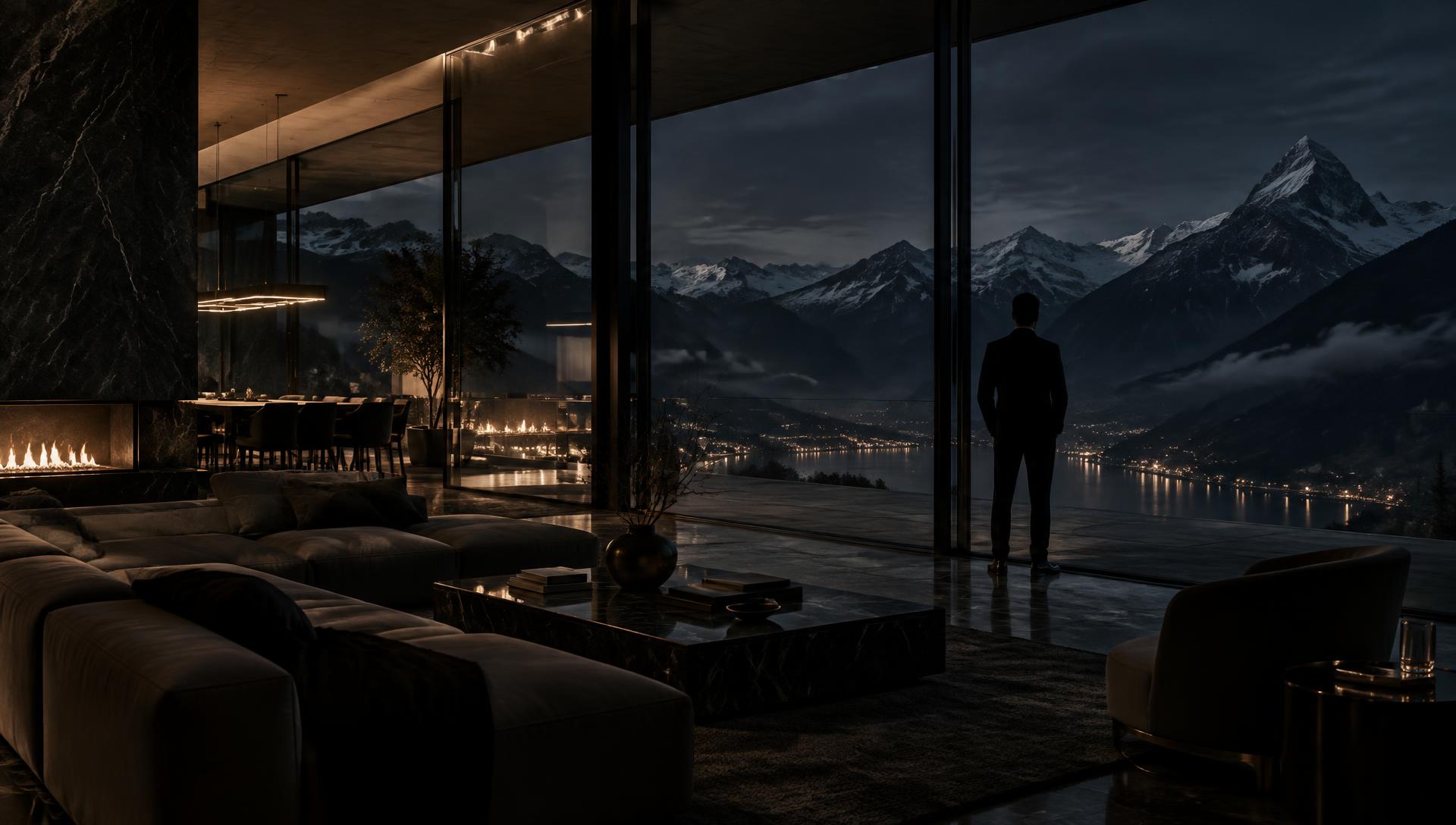 Modernes Schweizer Interieur mit Blick auf die Alpen